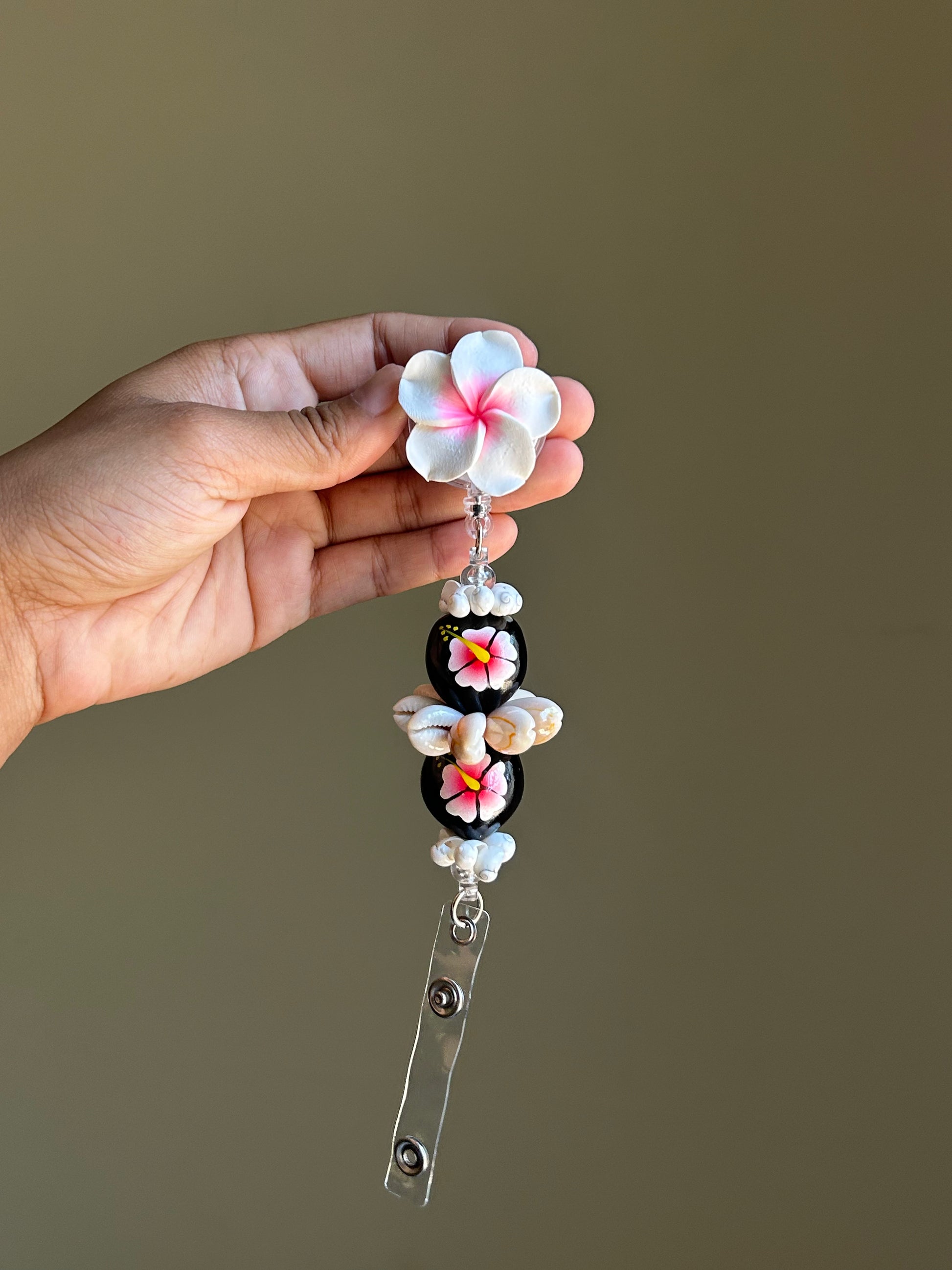 White + Pink Kukui Nut Lei Badge Reel