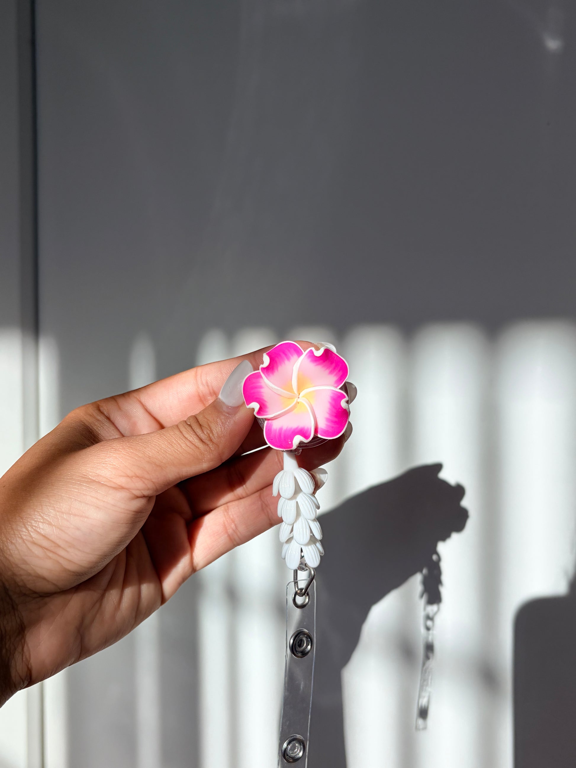 Lavender and Pink Plumeria Mini Pikake Badge Reel