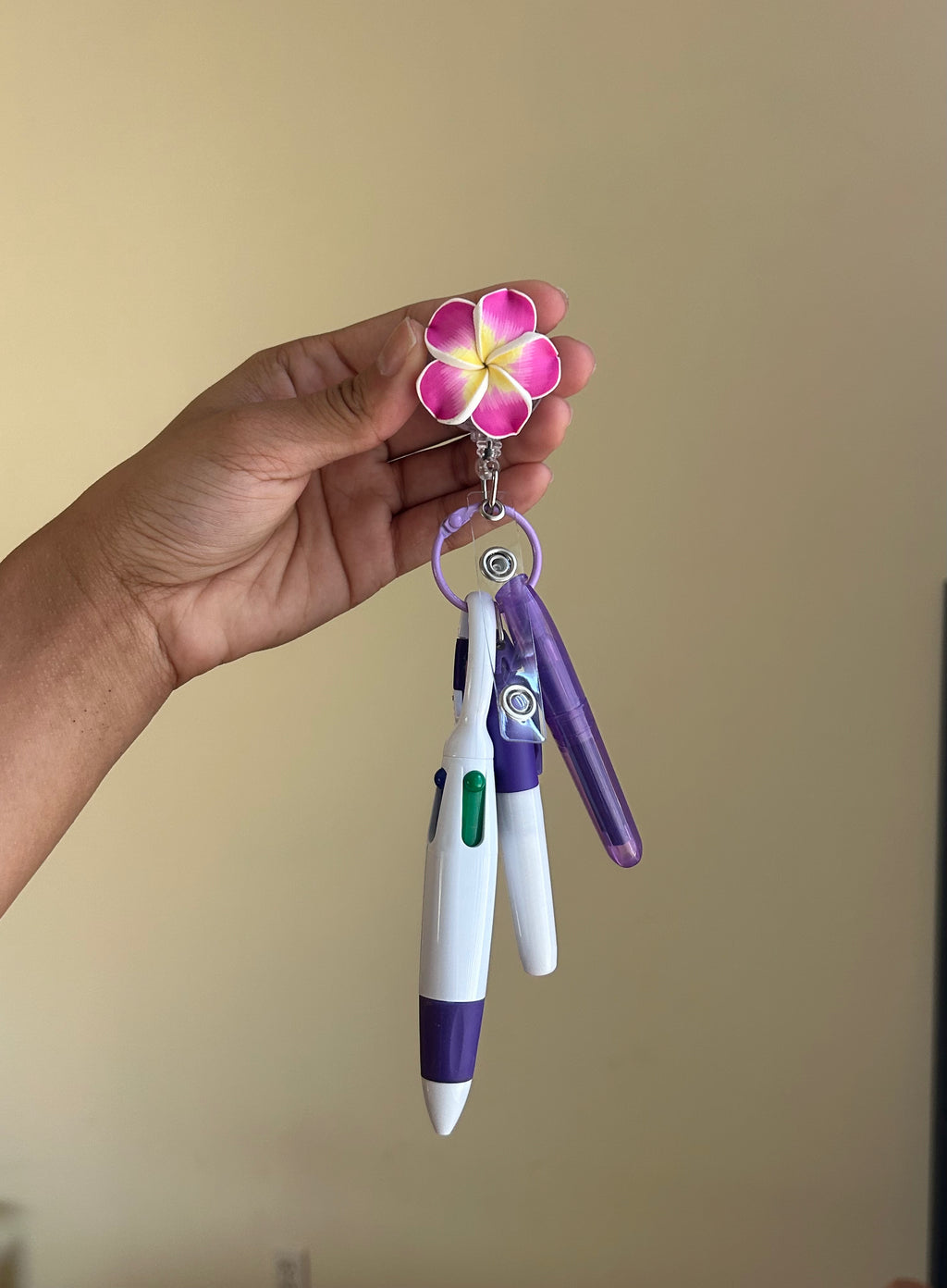 Purple Plumeria Badge Reel Pen Set